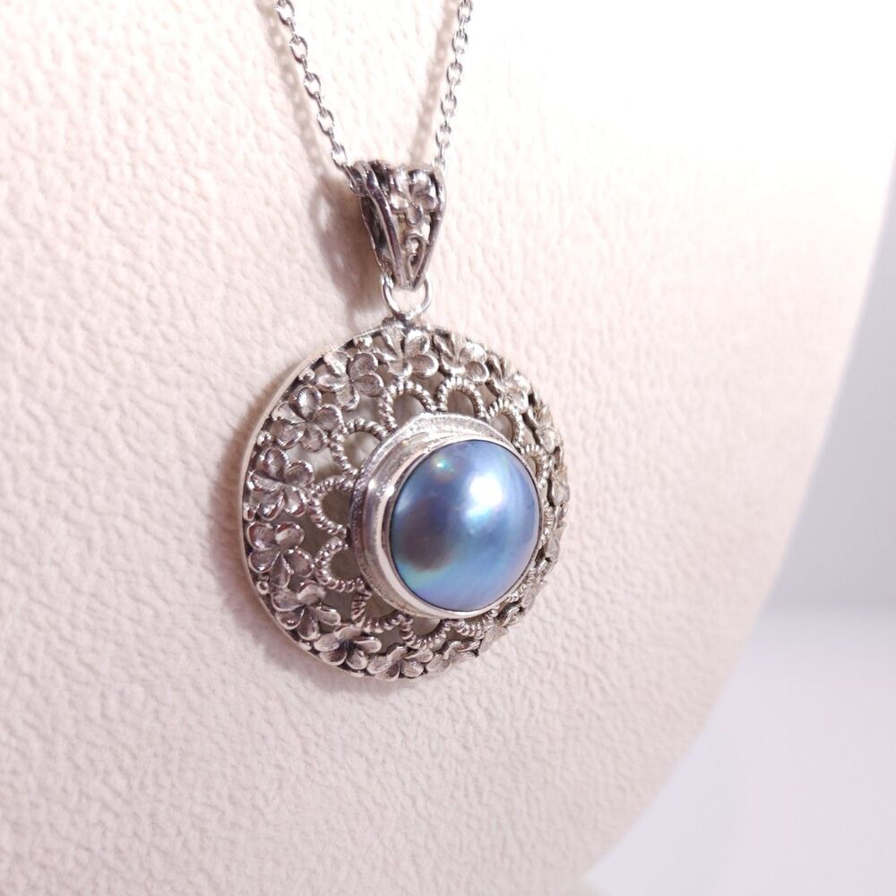 Blue Mabe Pearl Pendant Necklace and Stainless Steel Chain